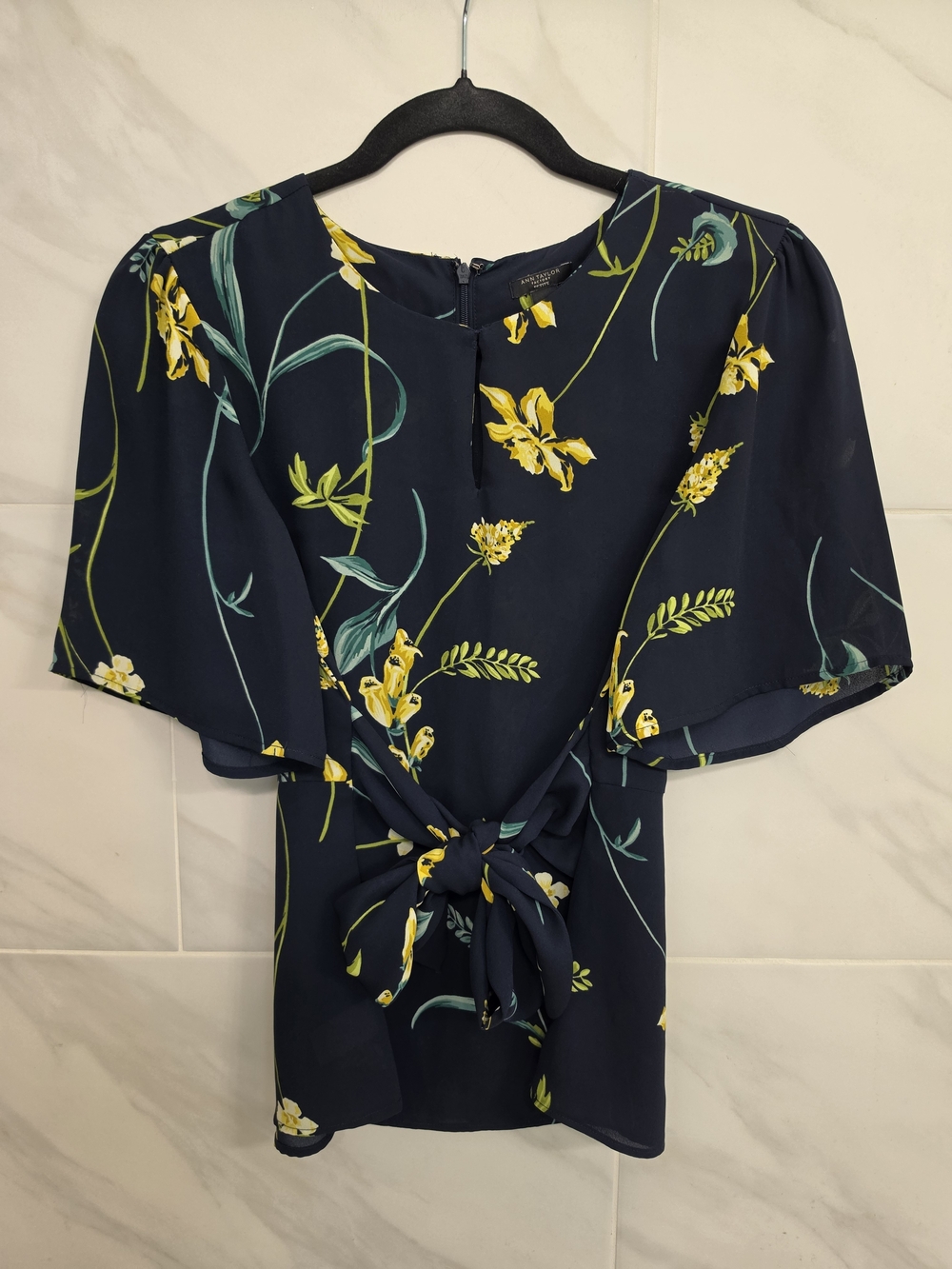 Ann Taylor Factory Navy Floral Tie-Front Top with Yellow & Green Accents
